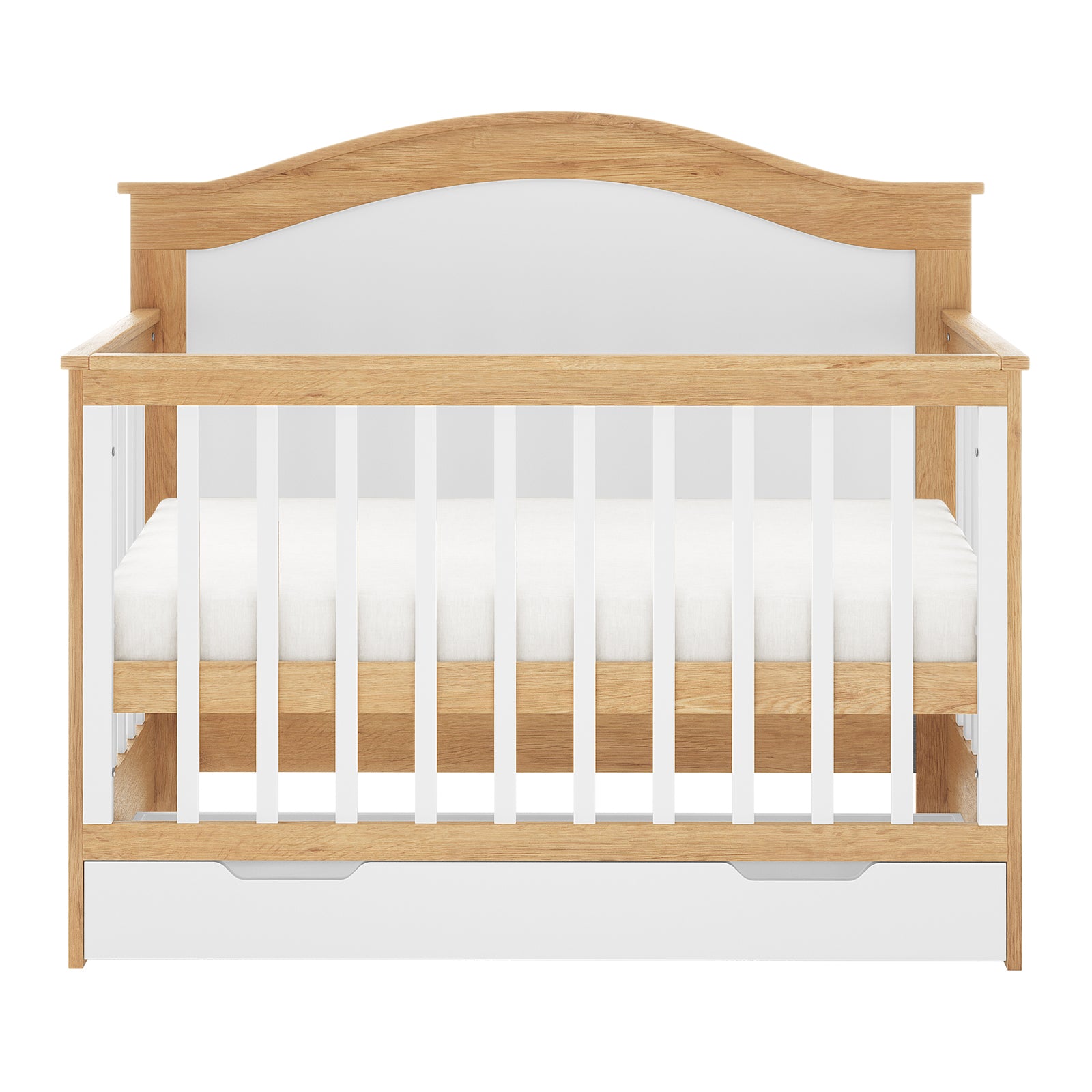 Azeem & Giro Solid Pine Baby Cot with Convertible Rail Set features a light oak-tone wood frame, white slatted sides, a plain white mattress, and a built-in storage drawer, offering versatile functionality.