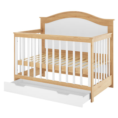 Azeem & Giro Solid Pine Baby Cot with Convertible Rail Set features a wooden crib with white vertical slats, a curved headboard, and a pull-out storage drawer beneath the frame.