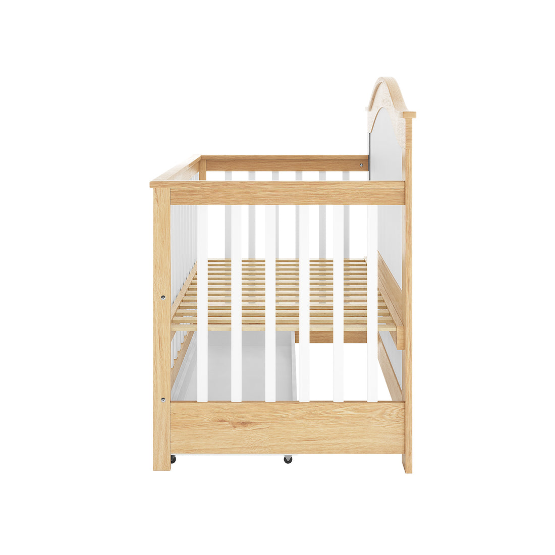 Azeem & Giro Solid Pine Baby Cot with Convertible Rail Set featuring a natural-oak headboard, white slatted side rails, slatted mattress platform, and caster wheels for easy mobility.