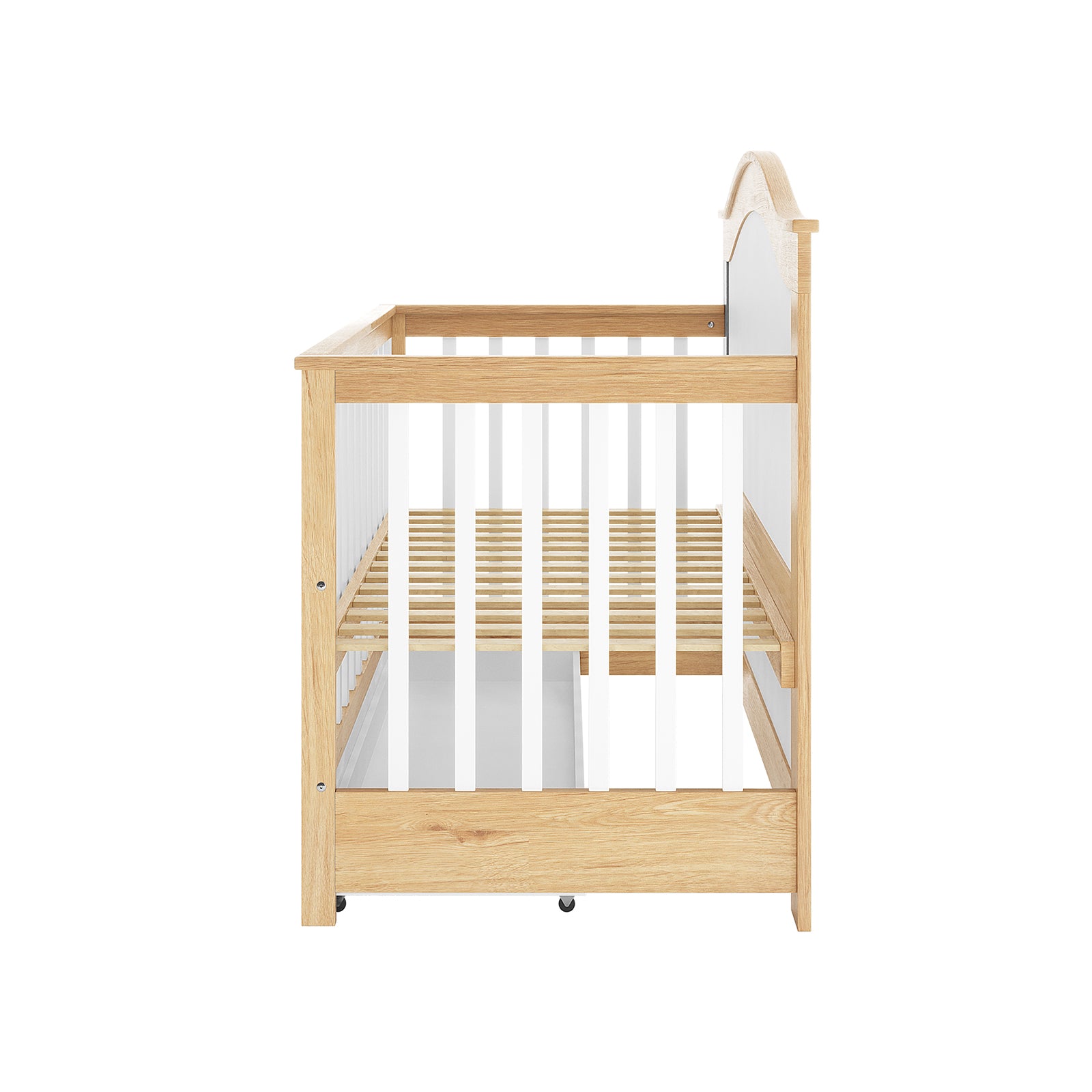 Azeem & Giro Solid Pine Baby Cot with Convertible Rail Set featuring a natural-oak headboard, white slatted side rails, slatted mattress platform, and caster wheels for easy mobility.