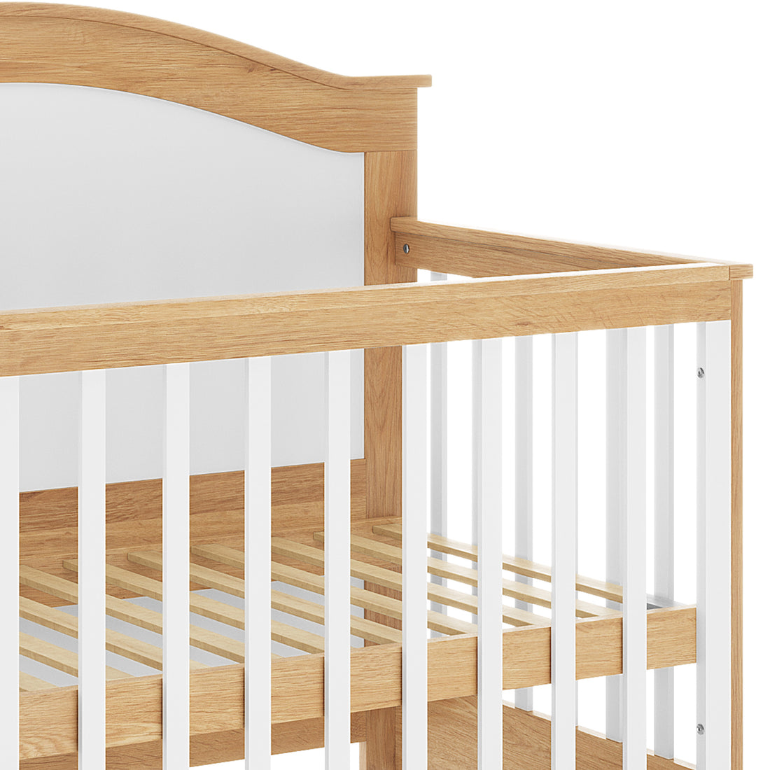 Azeem & Giro Solid Pine Baby Cot with Convertible Rail Set White Natural, featuring a light oak-tone end-piece, white vertical slats, and visible slatted wooden mattress support inside.