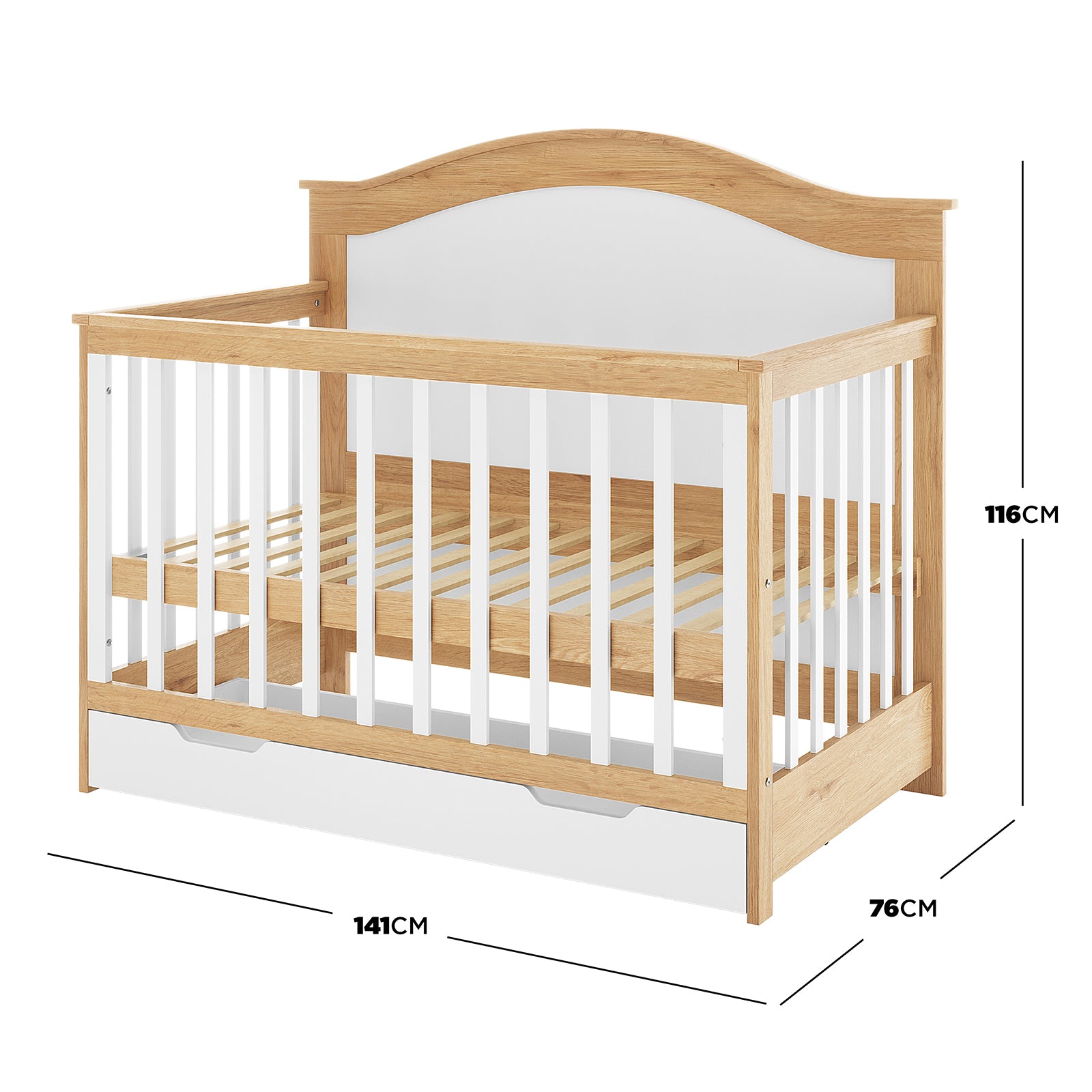 Azeem & Giro Solid Pine Baby Cot with Convertible Rail Set features white slatted sides, an under-bed storage drawer, and adjustable base, offering a versatile 3-in-1 design for growing children.
