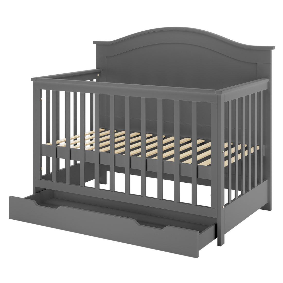 Azeem 3-in-1 Adjustable Solid Pine Baby Cot in Grey features a dark gray finish, slatted sides, arched headboard, and a practical pull-out storage drawer beneath the crib.