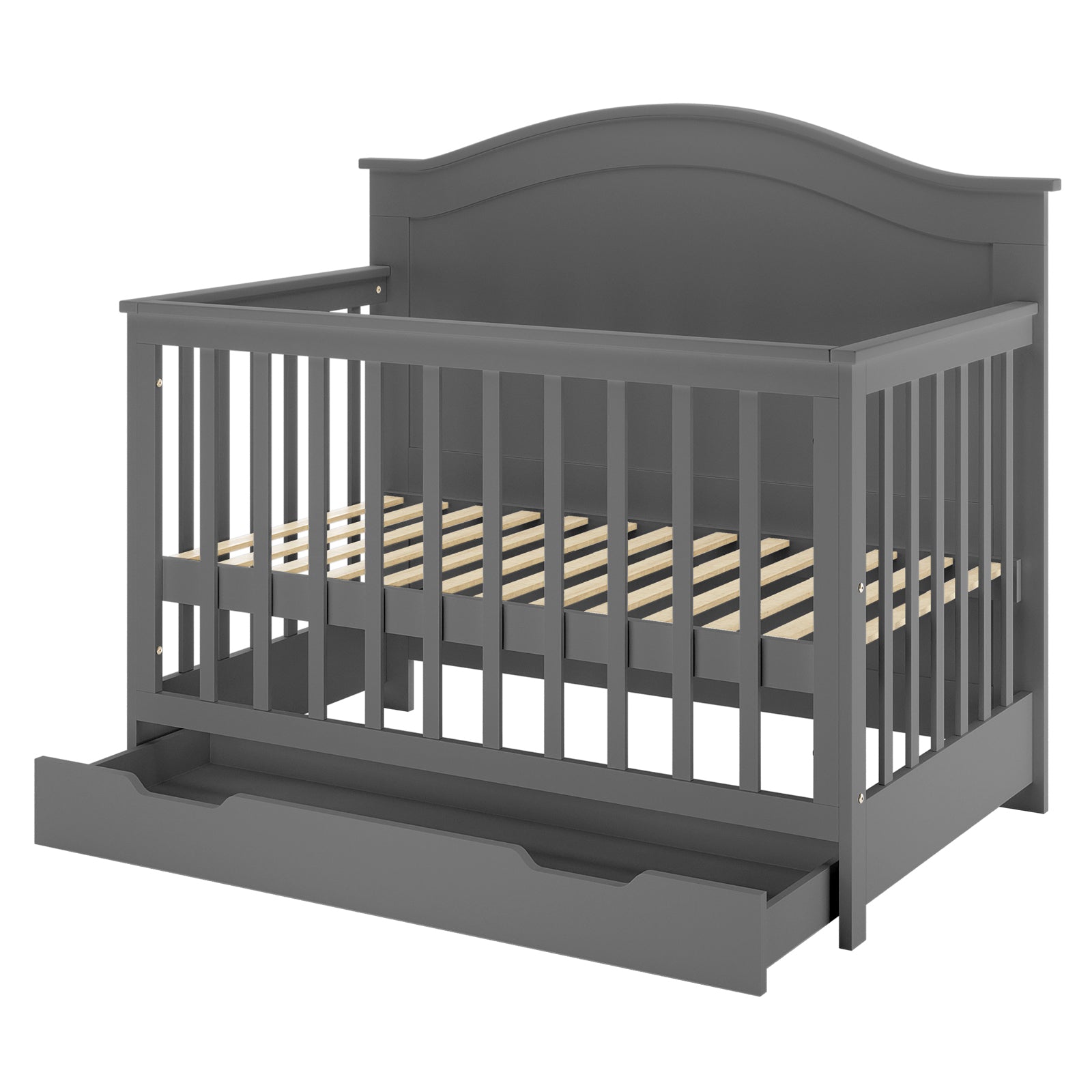 Azeem 3-in-1 Adjustable Solid Pine Baby Cot in Grey features a dark gray finish, slatted sides, arched headboard, and a practical pull-out storage drawer beneath the crib.