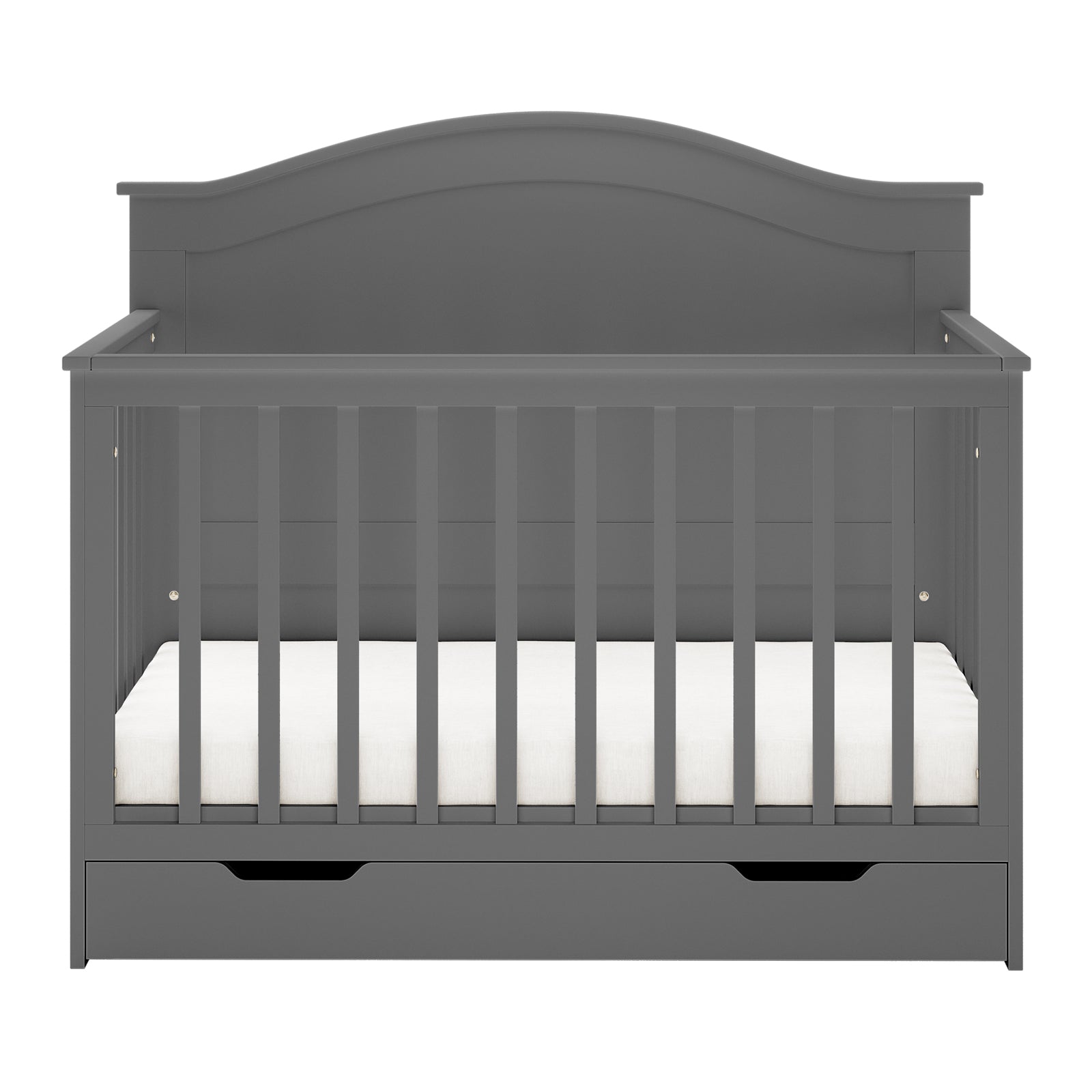 Azeem 3-in-1 Adjustable Solid Pine Baby Cot Grey with vertical slats, arched headboard, white mattress, and pull-out storage drawer, showcasing its convertible design and solid pine craftsmanship.