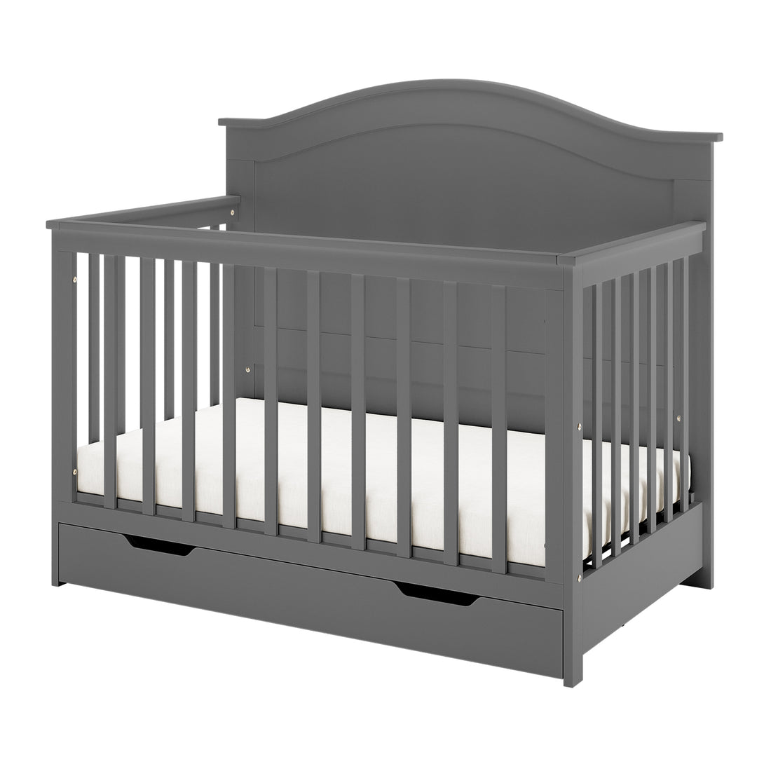Azeem 3-in-1 Adjustable Solid Pine Baby Cot Grey featuring slatted sides, a curved headboard, a white mattress, and a pull-out storage drawer, showcasing its elegant and functional nursery design.