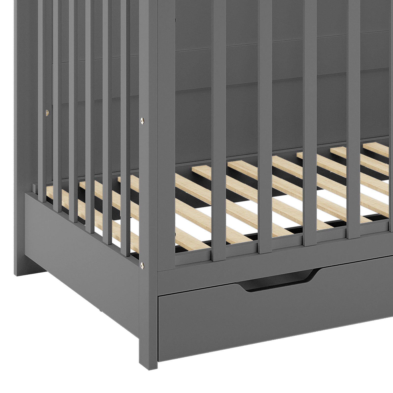 Azeem 3-in-1 Adjustable Solid Pine Baby Cot Grey, showcasing its sturdy dark-gray wooden frame with vertical slats, slatted mattress support, and a practical built-in storage drawer at the bottom.