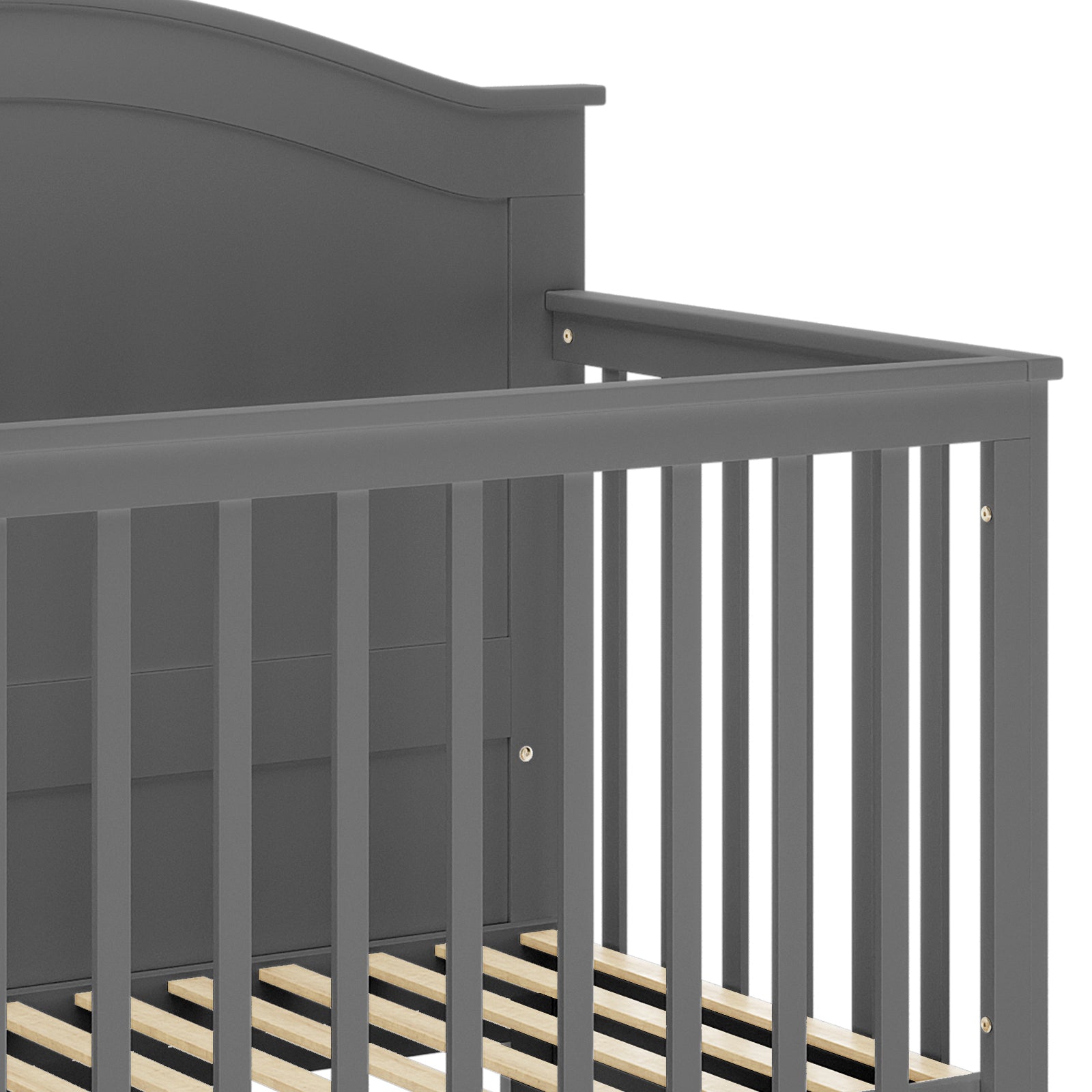 Azeem 3-in-1 Adjustable Solid Pine Baby Cot Grey, showcasing a sturdy grey wooden frame with visible headboard, slatted side rails, and wooden mattress support slats, designed for versatility and safety.
