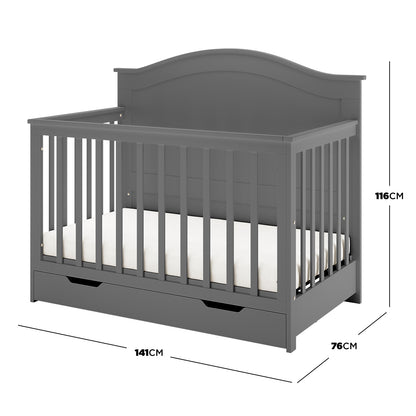 Azeem 3-in-1 Adjustable Solid Pine Baby Cot Grey featuring slatted sides, arched headboard, and pull-out storage drawer; dimensions labeled as 141 cm wide, 76 cm deep, 116 cm tall.