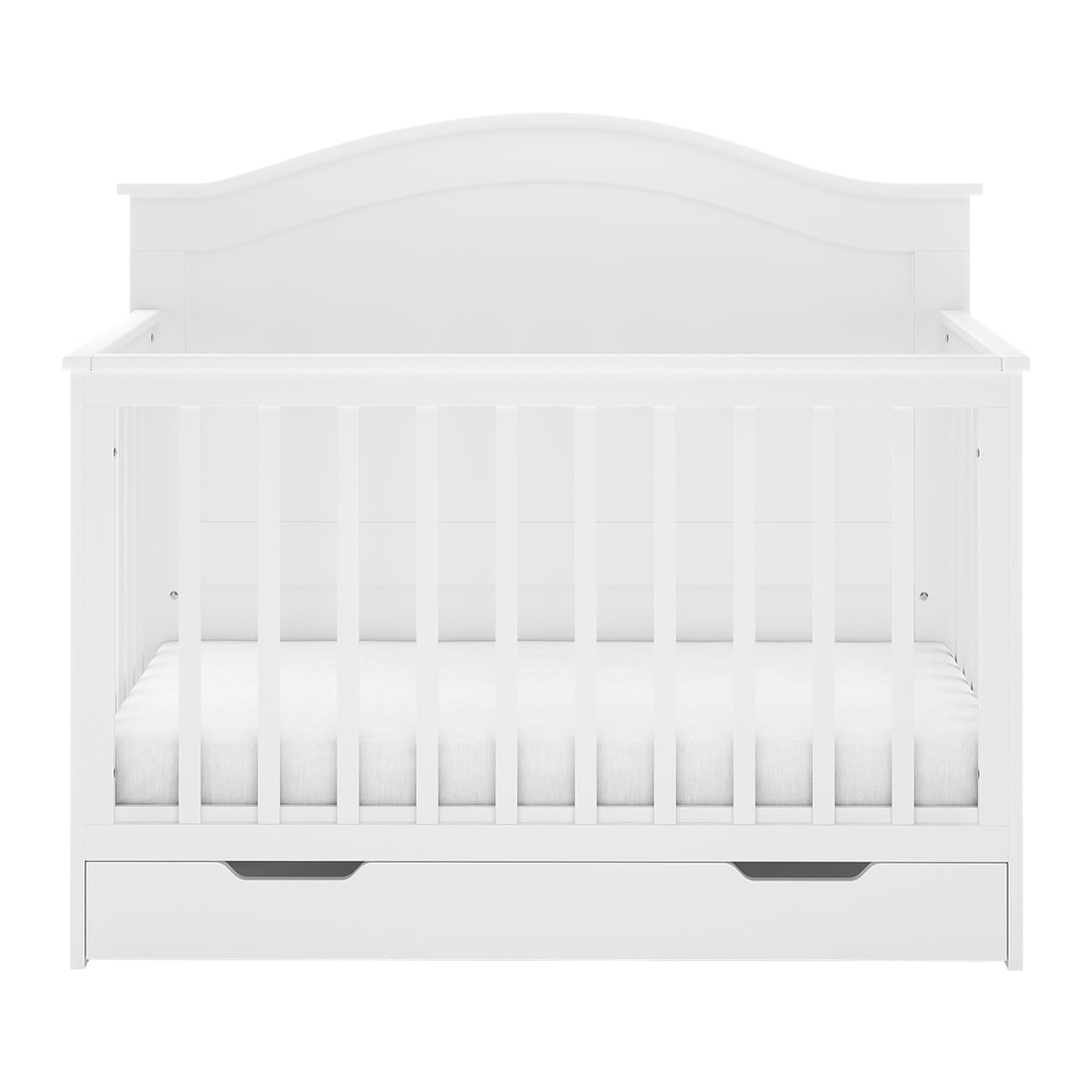 Azeem Baby Cot with slatted sides and curved headboard, featuring a pull-out storage drawer, paired with the Gettel 10cm High-Density Foam Knitted Baby Cot Mattress, showcasing a fully assembled, sleek design.