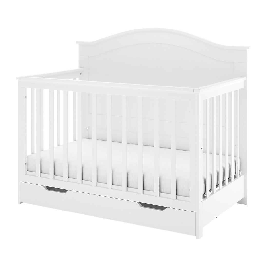 Azeem Baby Cot with slatted sides, curved headboard, pull-out storage, paired with Gettel 10cm Nursery Mattress for sturdy support, ensuring a safe, breathable sleep environment in a timeless design.
