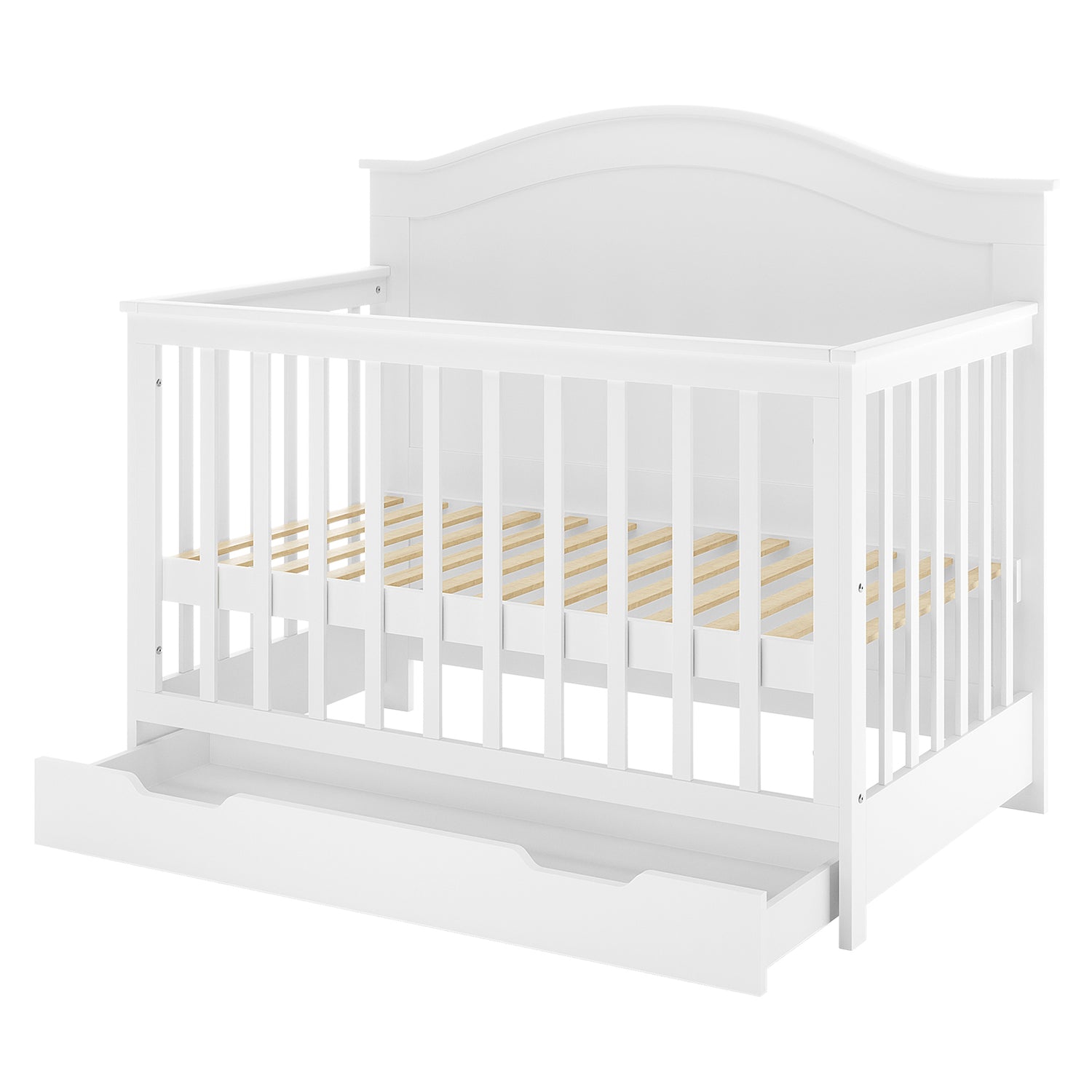 Azeem Baby Cot features a white wooden frame with slatted sides, an arched headboard, and a pull-out storage drawer. Shown without the Gettel 10cm Nursery Mattress for clear crib detail.