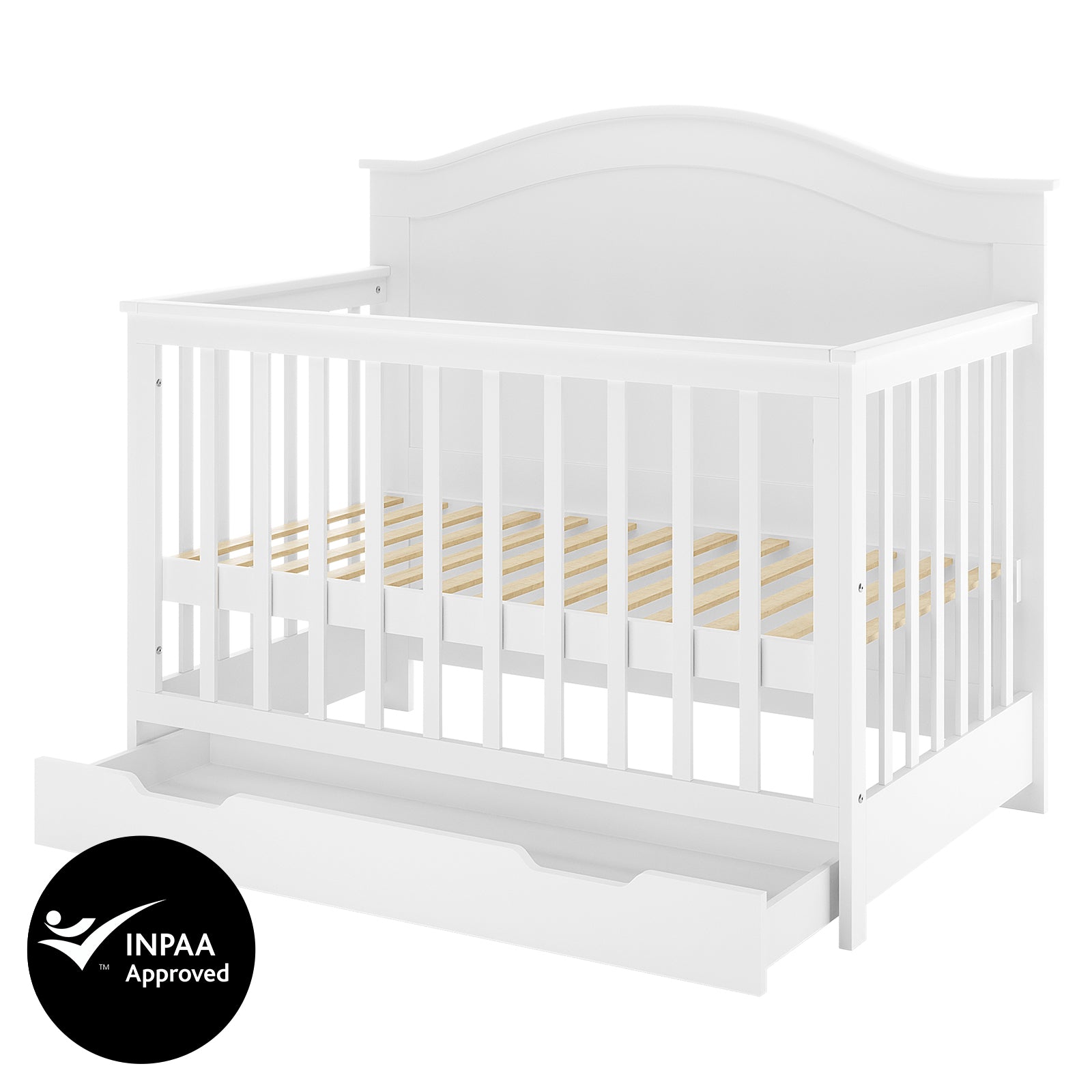 Azeem Baby Cot and Gettel 10cm Nursery Mattress set, features a white wooden crib with vertical slats, arched headboard, pull-out storage drawer, and INPAA Approved logo, ensuring safety and comfort.