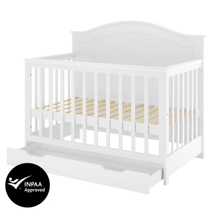 Azeem Baby Cot and Gettel 10cm Nursery Mattress set, features a white wooden crib with vertical slats, arched headboard, pull-out storage drawer, and INPAA Approved logo, ensuring safety and comfort.
