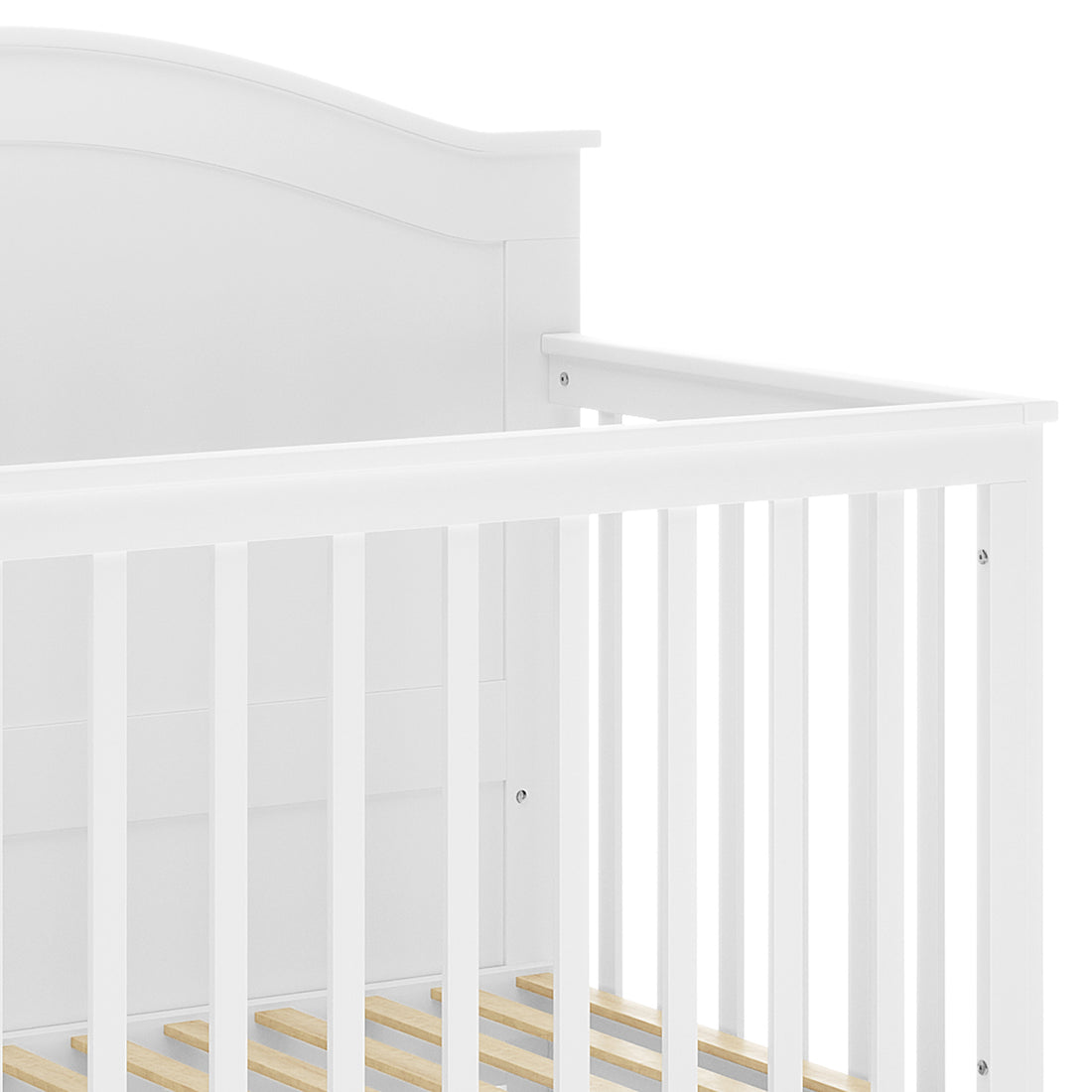 Azeem Baby Cot frame in white wood, showcasing slatted side rails and curved headboard. This crib pairs with the Gettel 10cm Nursery Mattress for a timeless, sturdy nursery setup.