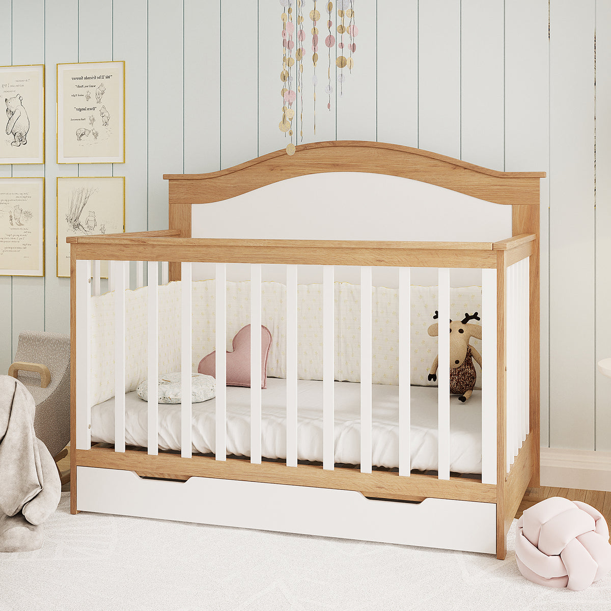 Azeem 3-in-1 Adjustable Solid Pine Baby Cot in Walnut