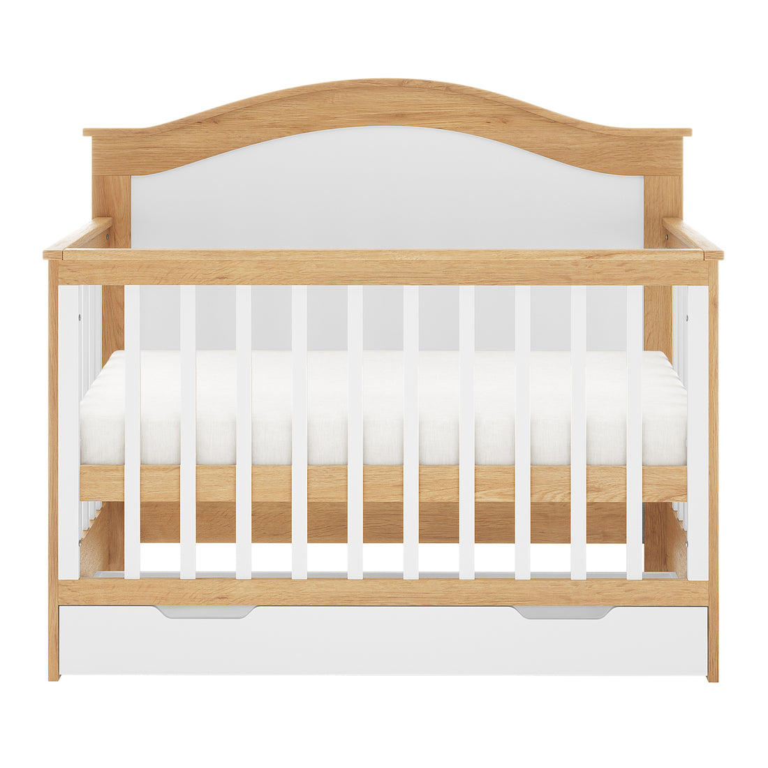 Azeem 3-in-1 Adjustable Solid Pine Baby Cot White Natural with light-tone wood, white slatted sides, and a built-in drawer beneath the mattress, showcasing its convertible crib and toddler bed design.