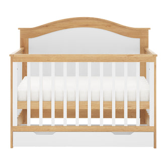 Azeem 3-in-1 Adjustable Solid Pine Baby Cot White Natural with light-tone wood, white slatted sides, and a built-in drawer beneath the mattress, showcasing its convertible crib and toddler bed design.
