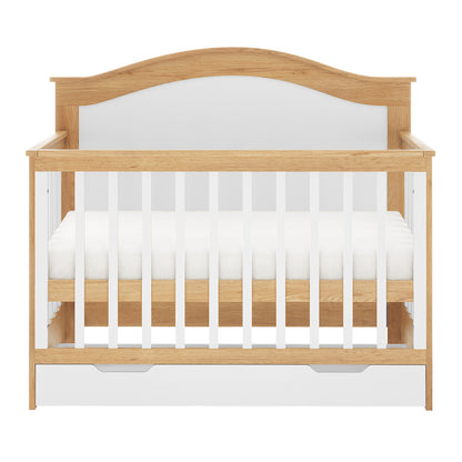 Azeem 3-in-1 Adjustable Solid Pine Baby Cot White Natural with light-tone wood, white slatted sides, and a built-in drawer beneath the mattress, showcasing its convertible crib and toddler bed design.