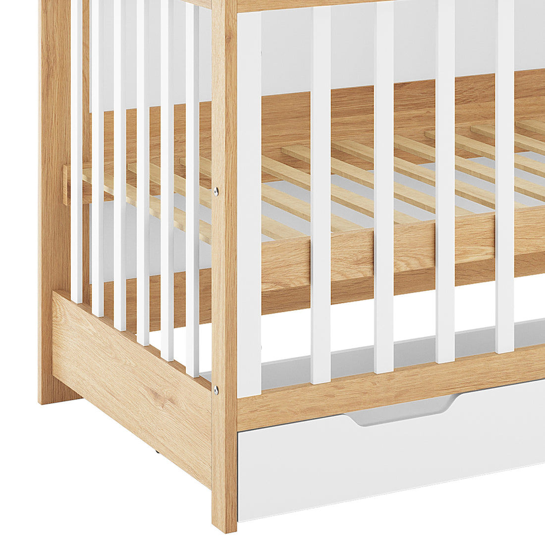 The Azeem 3-in-1 Adjustable Solid Pine Baby Cot White Natural features a light oak-toned frame, vertical white slats, and a built-in white storage drawer, exemplifying both style and functionality.