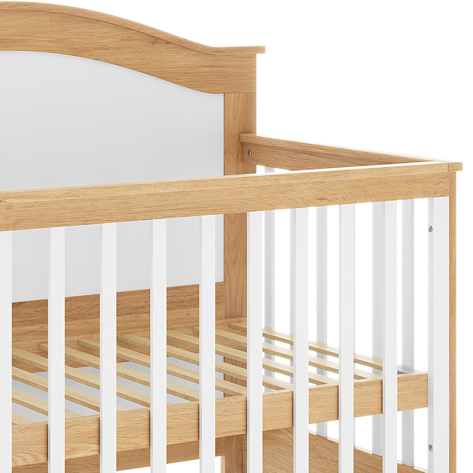 Azeem 3-in-1 Adjustable Solid Pine Baby Cot White Natural, featuring a wooden headboard, side rails with vertical white slats, and a slatted mattress support, highlighting its robust and convertible design.