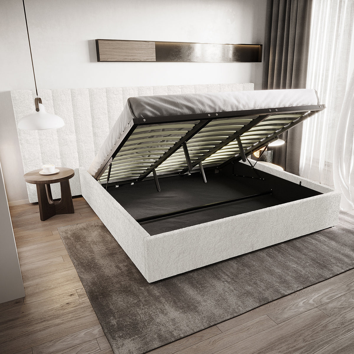 Fabia Boucle Fabric Gas Lift Storage Bed Base - King - Cream White - Lifestyle
