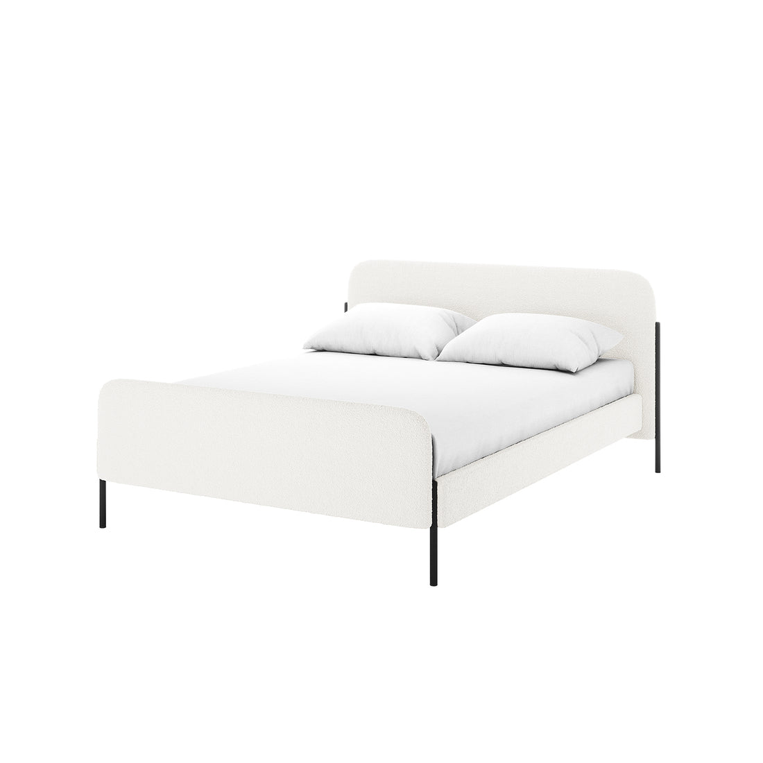 Bonny Double Boucle Fabric Bed Frame in Cream White with matching headboard and footboard, slender black metal legs, and white bedding, exuding elegance and contemporary style.