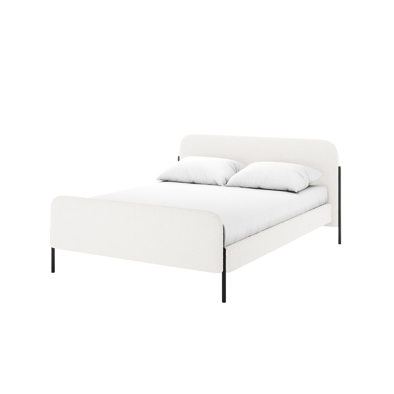 Bonny Double Boucle Fabric Bed Frame in Cream White with matching headboard and footboard, slender black metal legs, and white bedding, exuding elegance and contemporary style.