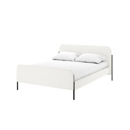 Bonny Double Boucle Fabric Bed Frame in Cream White with matching headboard and footboard, slender black metal legs, and white bedding, exuding elegance and contemporary style.