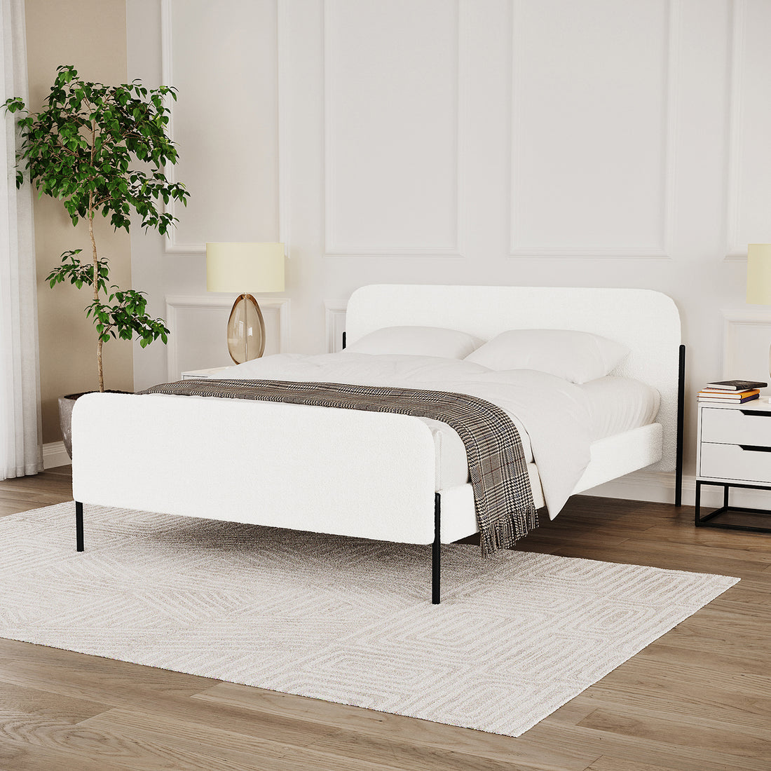 Bonny Double Boucle Fabric Bed Frame in Cream White, featuring a low-profile design with boucle-upholstered head- and footboard, set in a minimalist bedroom with white linens and modern nightstands.