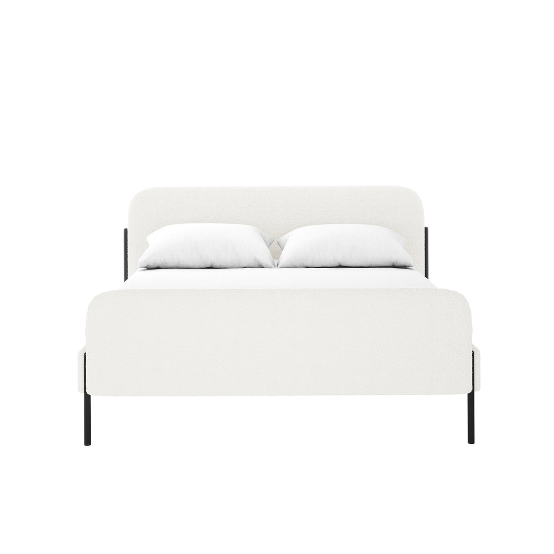 Bonny Double Boucle Fabric Bed Frame in Cream White, featuring boucle-upholstered headboard, footboard, and side rails on black metal legs, dressed in white linens with two pillows against a white backdrop.