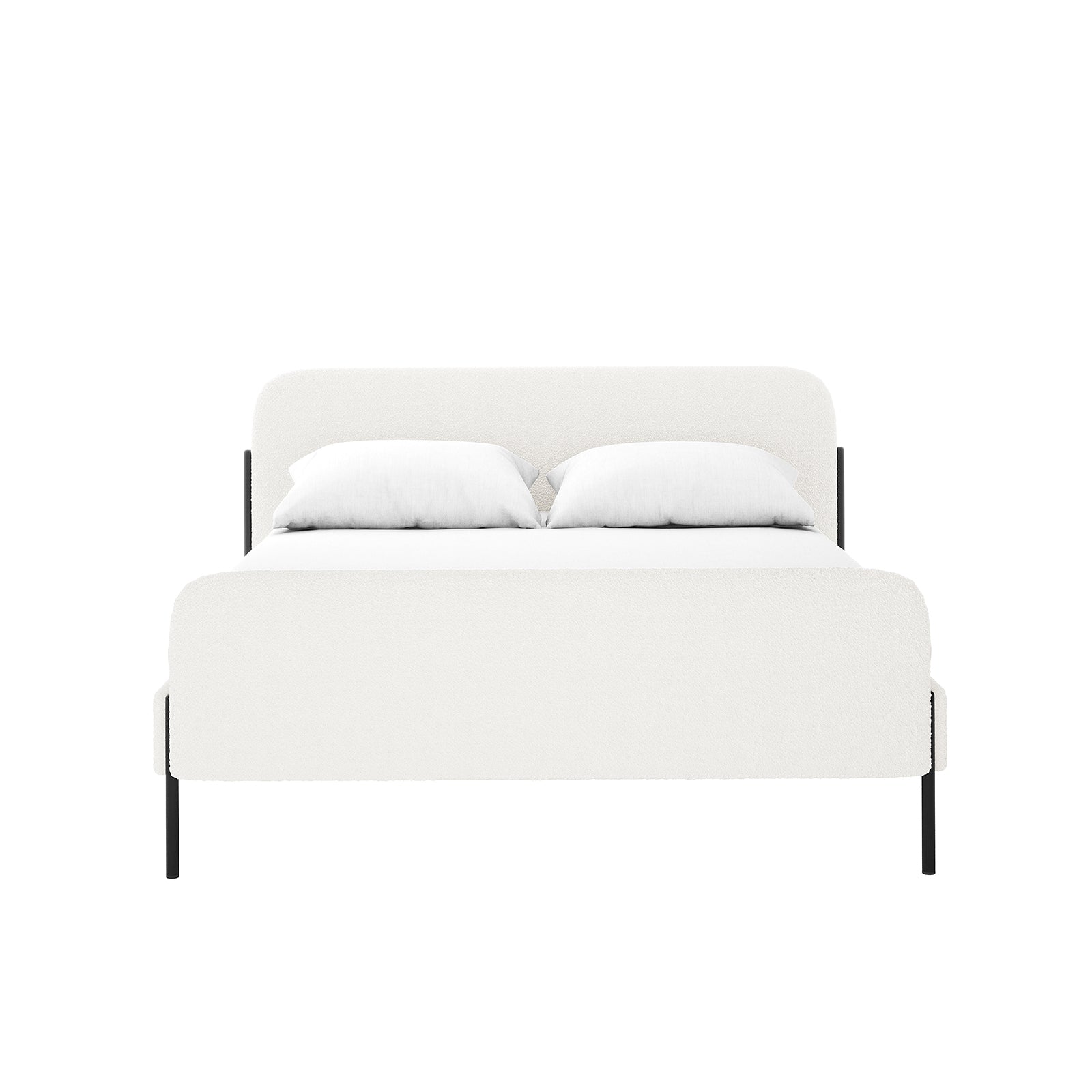 Bonny Double Boucle Fabric Bed Frame in Cream White, featuring boucle-upholstered headboard, footboard, and side rails on black metal legs, dressed in white linens with two pillows against a white backdrop.