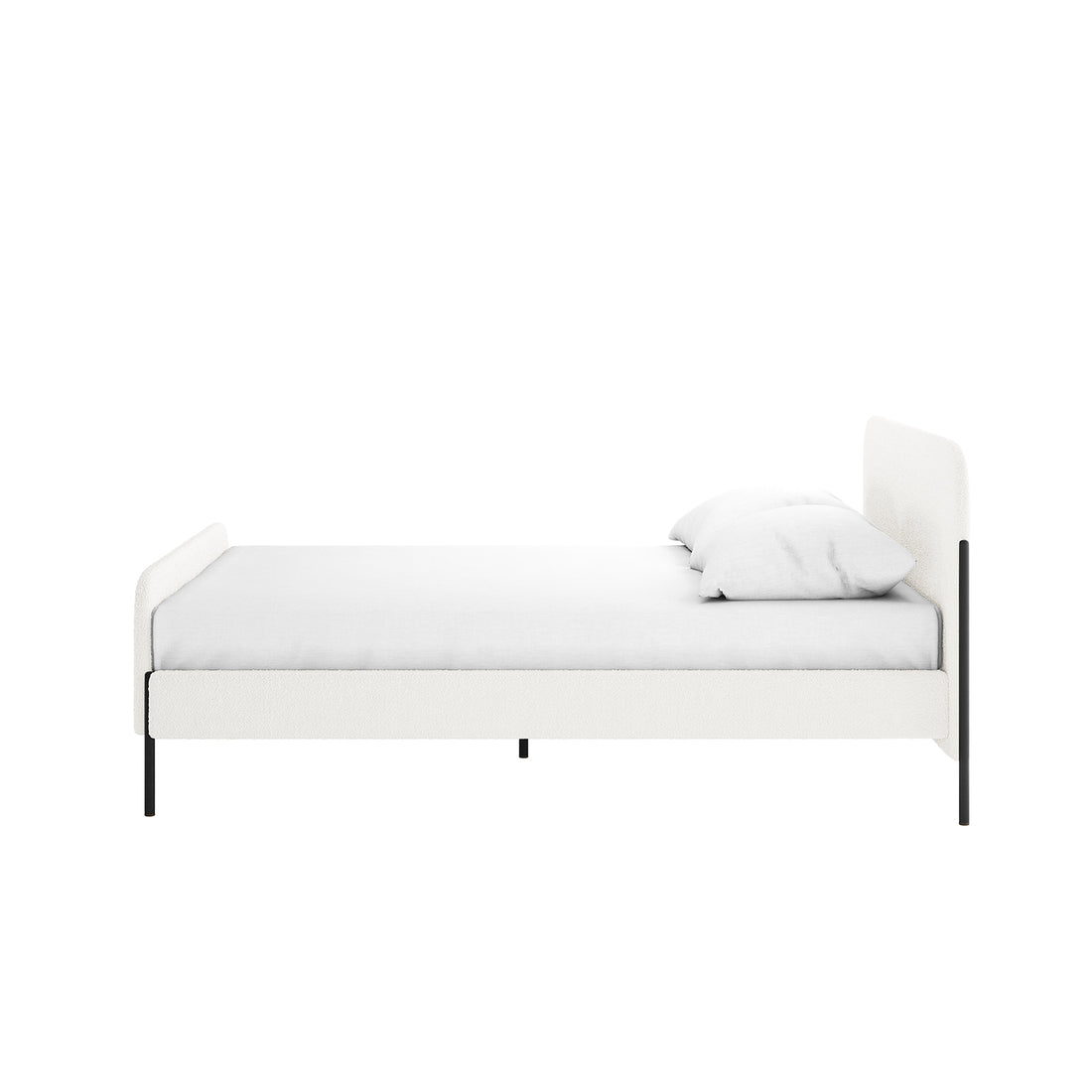 Bonny Double Boucle Fabric Bed Frame in Cream White, featuring a minimalist design with a low-profile upholstered frame, black metal legs, simple mattress, and a white pillow against the headboard.