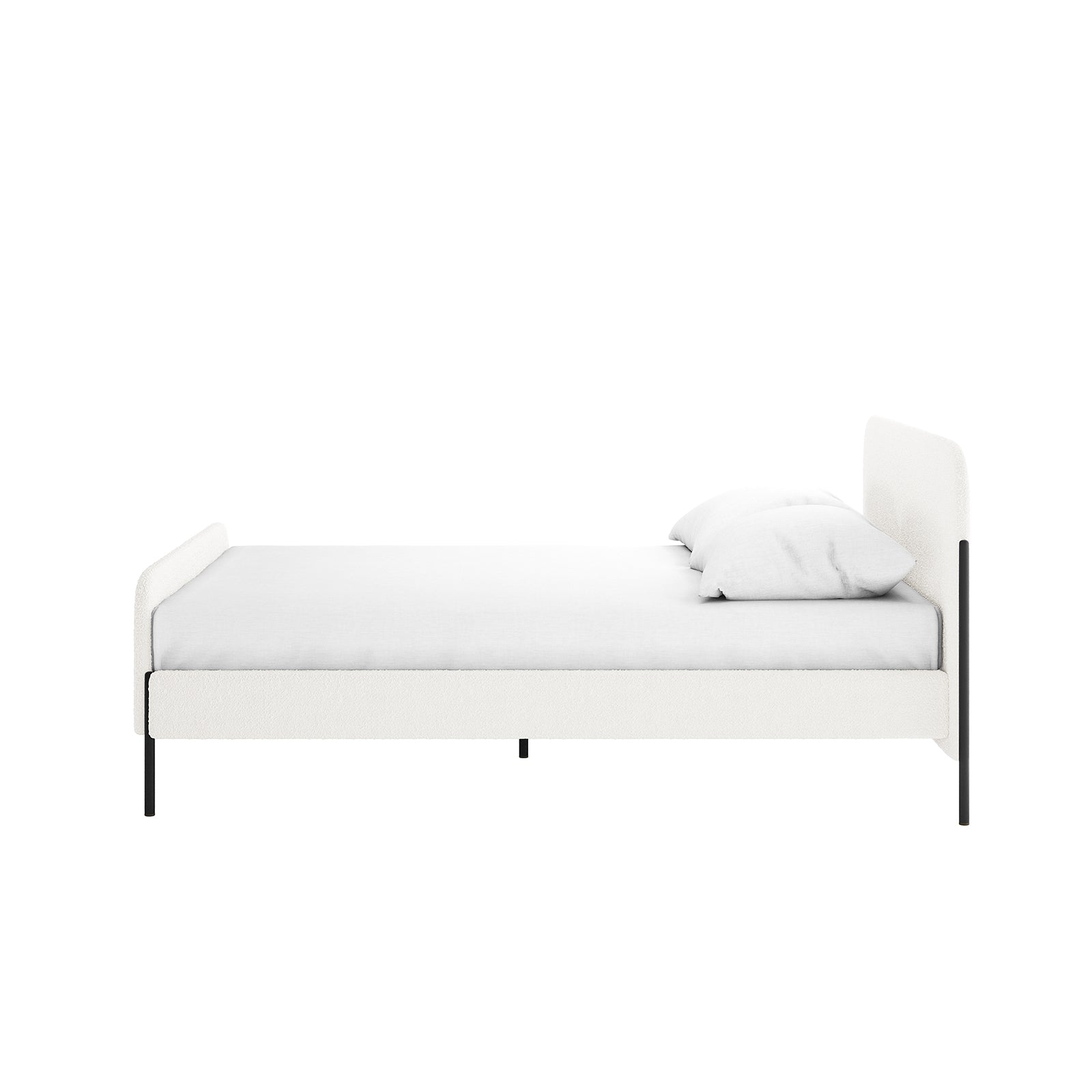 Bonny Double Boucle Fabric Bed Frame in Cream White, featuring a minimalist design with a low-profile upholstered frame, black metal legs, simple mattress, and a white pillow against the headboard.