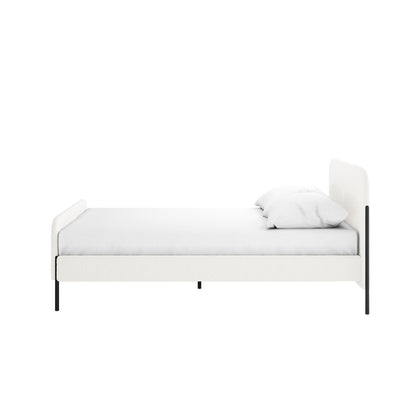 Bonny Double Boucle Fabric Bed Frame in Cream White, featuring a minimalist design with a low-profile upholstered frame, black metal legs, simple mattress, and a white pillow against the headboard.