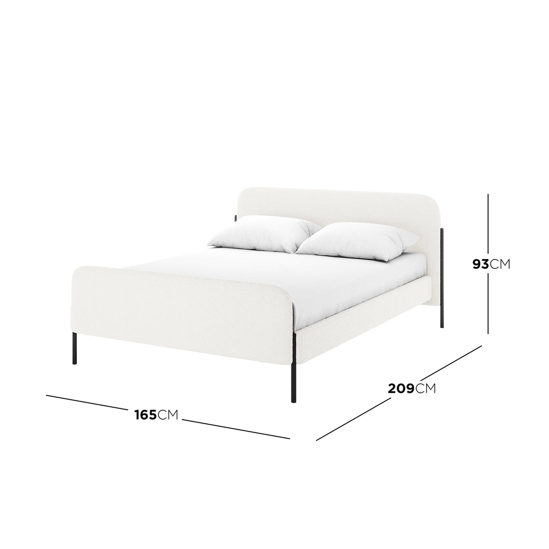 Bonny Double Boucle Fabric Bed Frame in Cream White features a modern, low-profile design with boucle upholstery, slim black metal legs, and a sleek silhouette, measuring 165cm wide by 209cm deep.