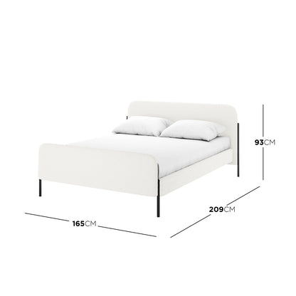 Bonny Double Boucle Fabric Bed Frame in Cream White features a modern, low-profile design with boucle upholstery, slim black metal legs, and a sleek silhouette, measuring 165cm wide by 209cm deep.