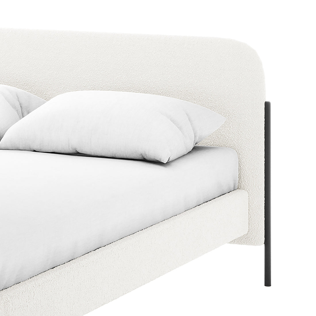 Bonny Double Boucle Fabric Bed Frame in Cream White, showcasing a curved upholstered headboard and frame in off-white boucle fabric, resting on slender black metal legs with crisp white bedding.