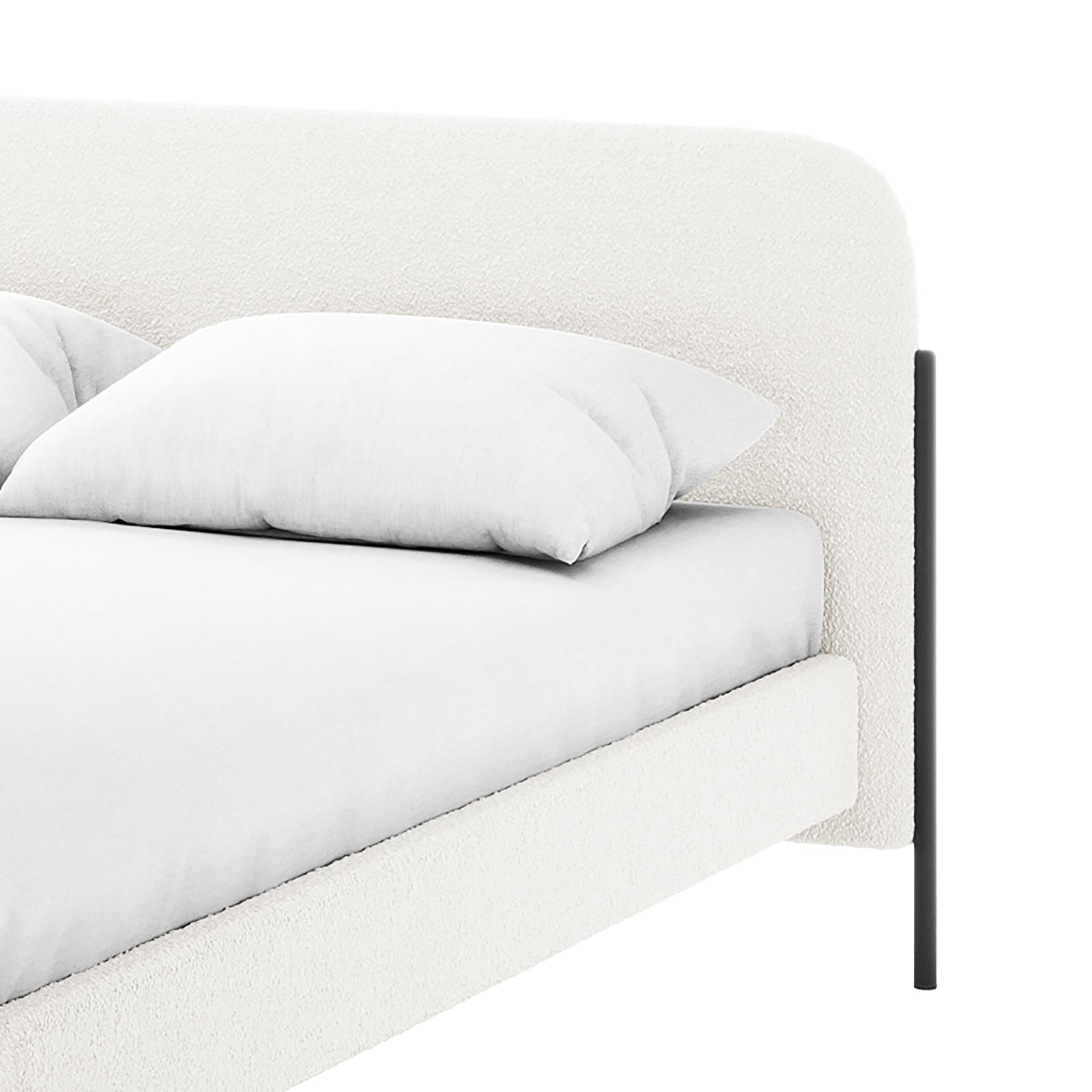 Bonny Double Boucle Fabric Bed Frame in Cream White, showcasing a curved upholstered headboard and frame in off-white boucle fabric, resting on slender black metal legs with crisp white bedding.
