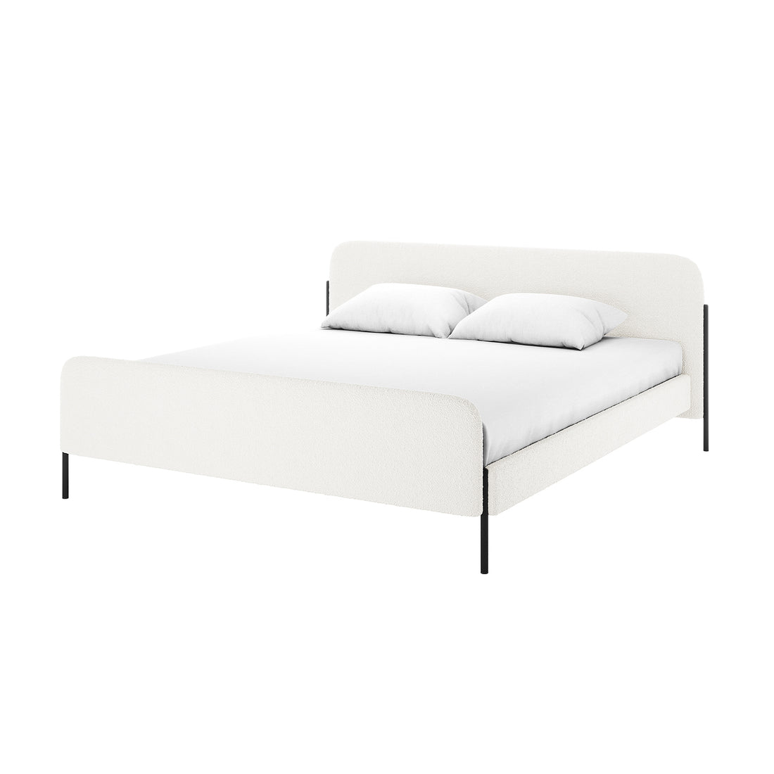 Bonny King Boucle Bed Fabric Frame in Cream White features a modern platform design with upholstered headboard and footboard, slender black metal legs, and is dressed with a white mattress cover and pillows.