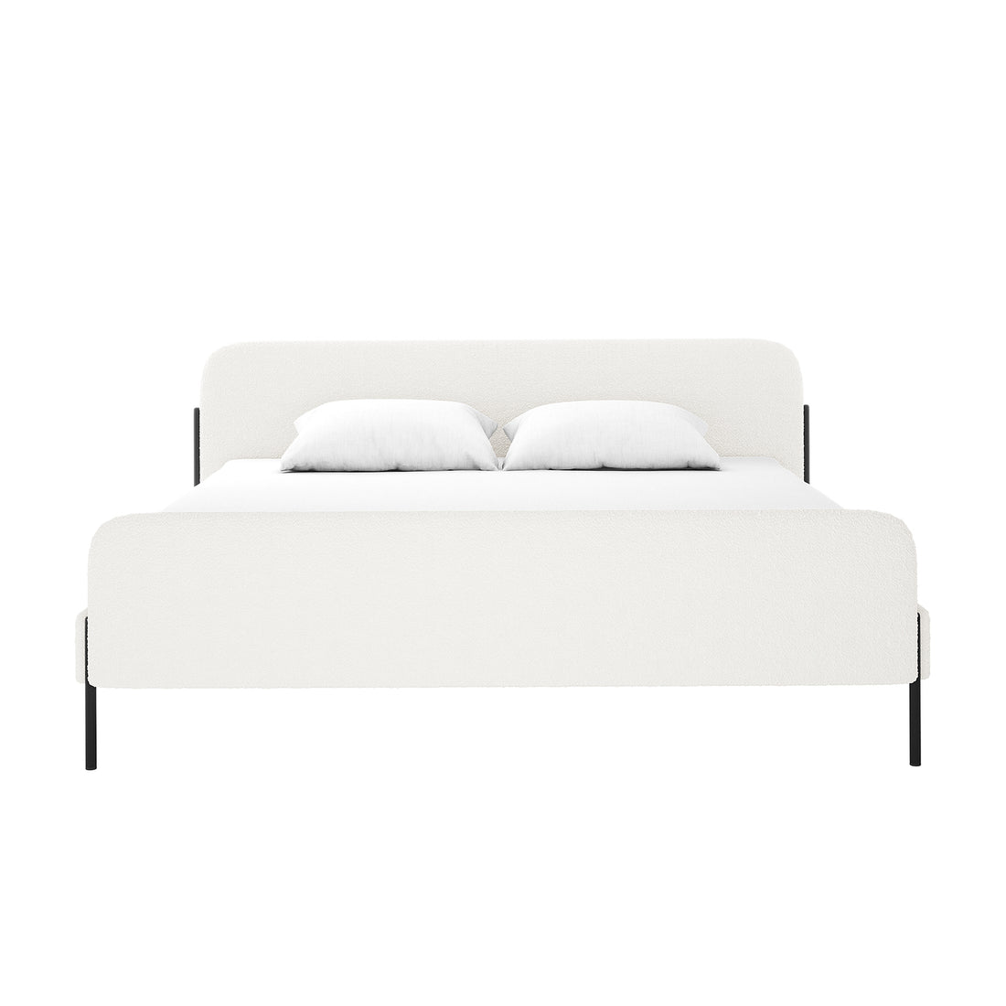 Bonny King Boucle Bed Fabric Frame in Cream White, featuring a soft white upholstered headboard and footboard with slim black metal legs, showcasing elegance and modern design.
