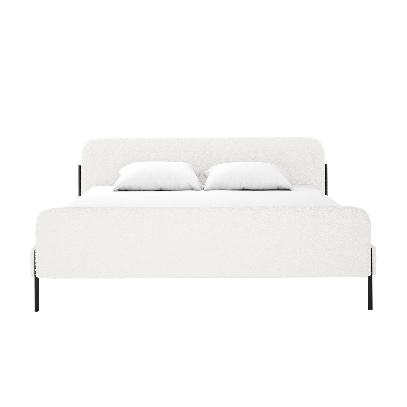 Bonny King Boucle Bed Fabric Frame in Cream White, featuring a soft white upholstered headboard and footboard with slim black metal legs, showcasing elegance and modern design.
