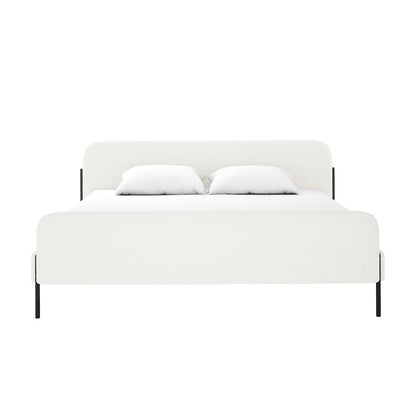 Bonny King Boucle Bed Fabric Frame in Cream White, featuring a soft white upholstered headboard and footboard with slim black metal legs, showcasing elegance and modern design.