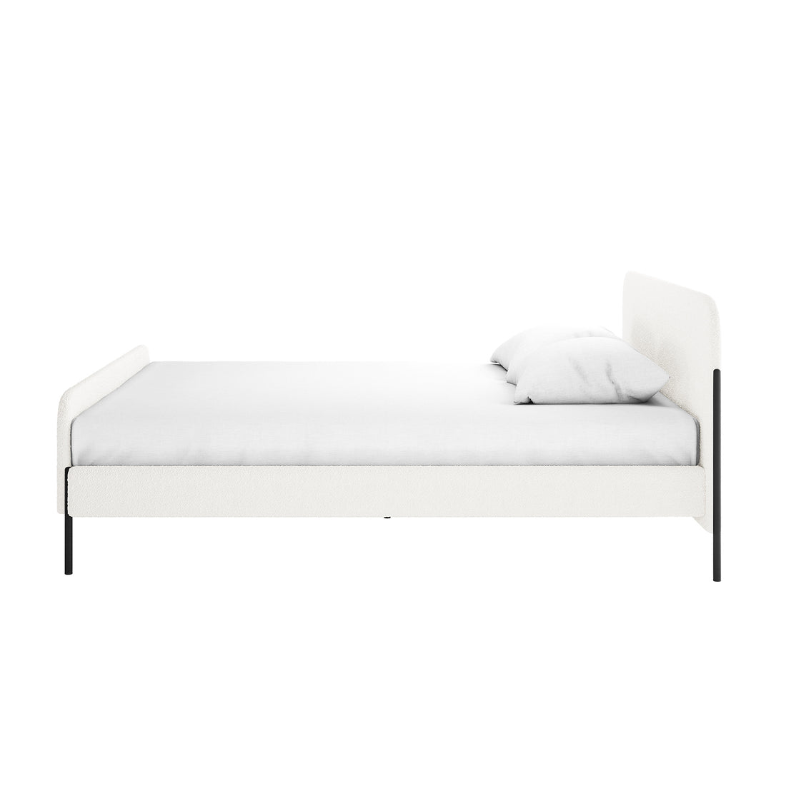 Bonny King Boucle Bed Fabric Frame in Cream White with white mattress and pillows, featuring black metal legs and boucle upholstery on the bed head, foot, and sides for a modern, elegant look.