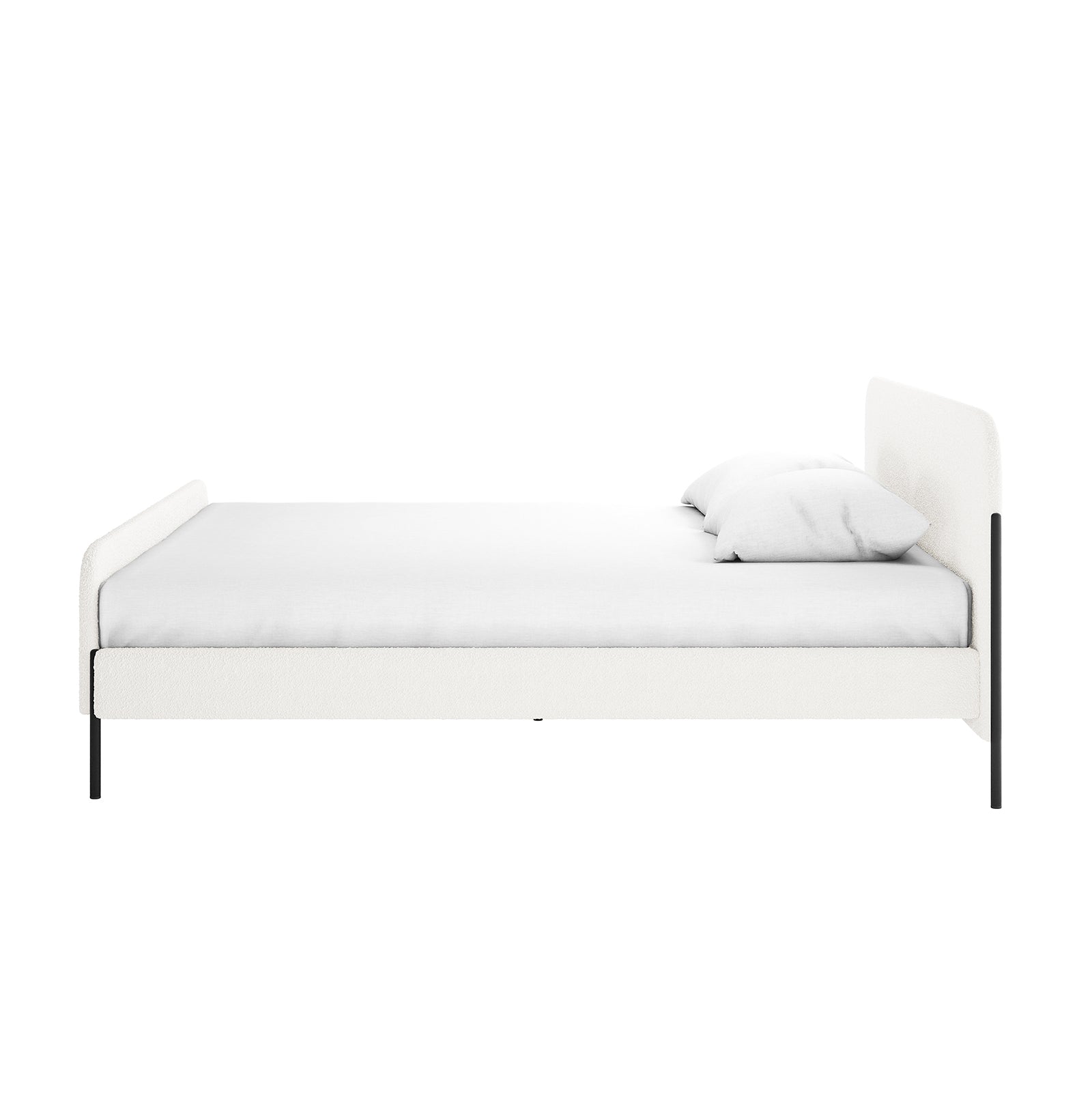 Bonny King Boucle Bed Fabric Frame in Cream White with white mattress and pillows, featuring black metal legs and boucle upholstery on the bed head, foot, and sides for a modern, elegant look.