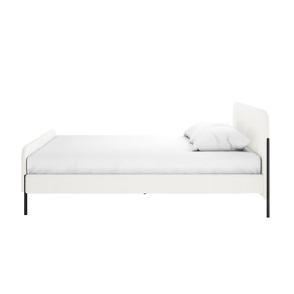Bonny King Boucle Bed Fabric Frame in Cream White with white mattress and pillows, featuring black metal legs and boucle upholstery on the bed head, foot, and sides for a modern, elegant look.