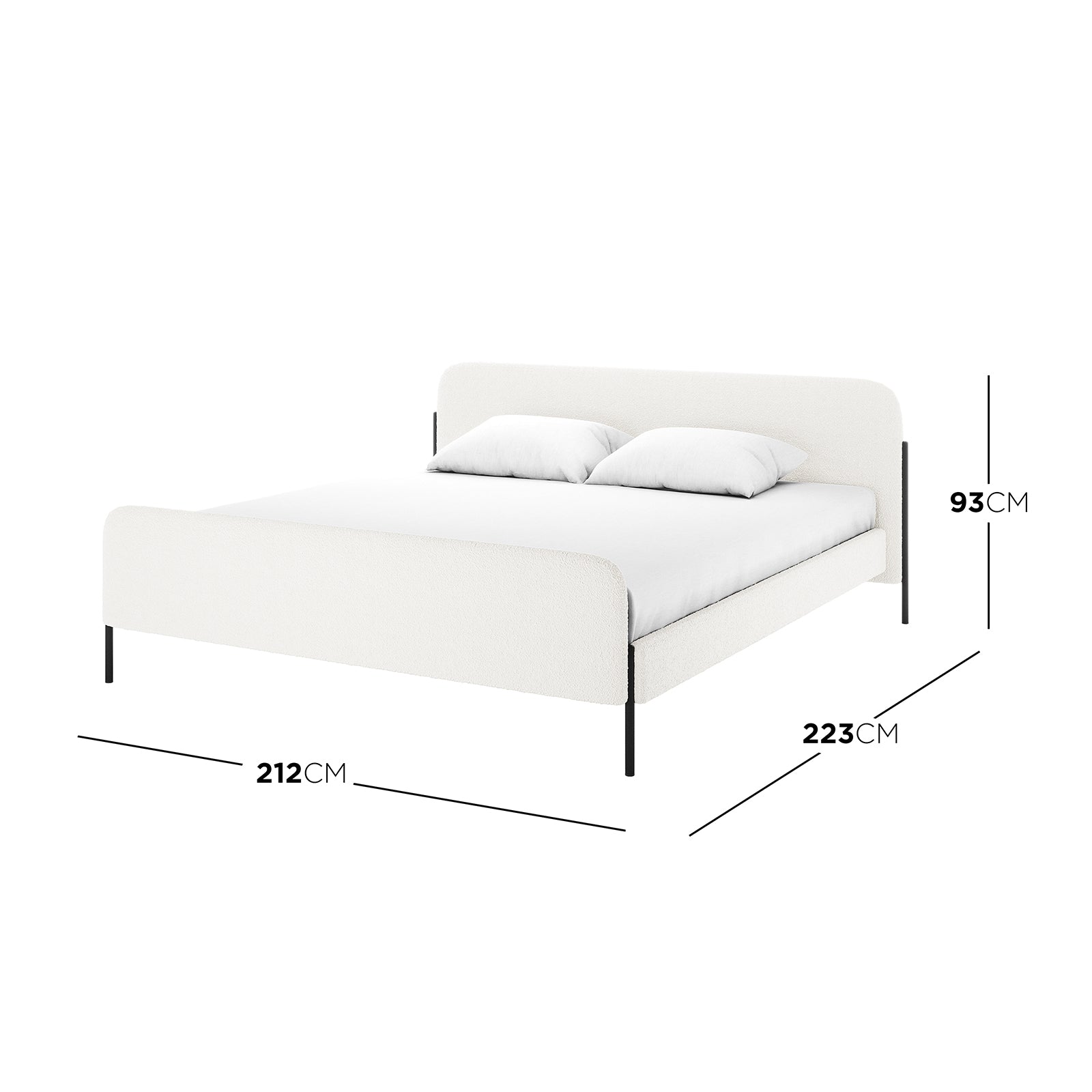 Bonny King Boucle Bed Fabric Frame in Cream White, featuring soft bouclé upholstery, a low-profile design, and sleek black metal legs. Includes dimensions and showcases a white mattress with two pillows.