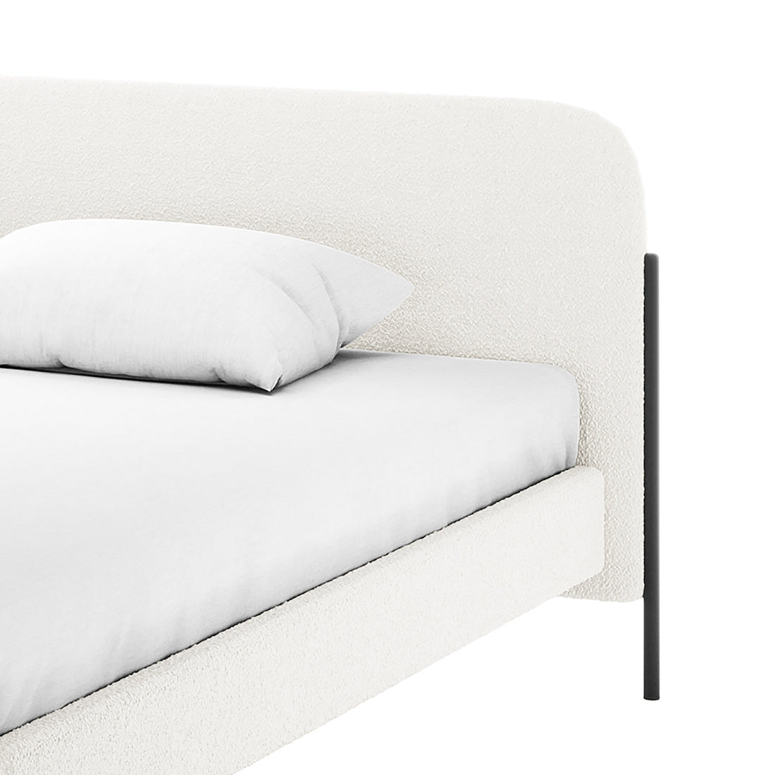 Bonny King Boucle Bed Fabric Frame in Cream White featuring a white upholstered headboard and side rail, fitted sheet, single pillow, and slender black metal legs, highlighting its minimalist elegance.