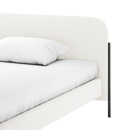 Bonny King Boucle Bed Fabric Frame in Cream White featuring a white upholstered headboard and side rail, fitted sheet, single pillow, and slender black metal legs, highlighting its minimalist elegance.