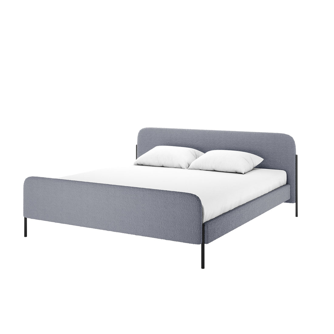 The Bonny King Boucle Bed Frame in Grey features a low-profile metal frame, slim black legs, and a gently curved headboard and footboard in light gray-blue bouclé upholstery, with a white mattress and pillows.